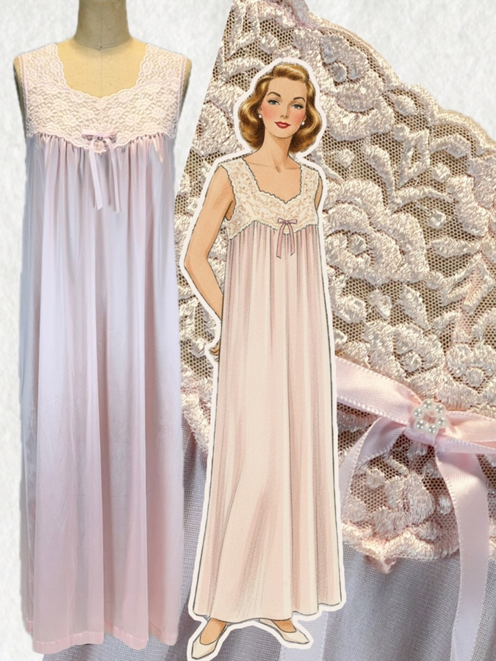 VINTAGE 80s pastel pink silky nylon nightgown slip dress floral lace long maxi